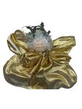 Handmade Golden Angel Christmas Tree Ornement With Glitter Accents & Holly READ